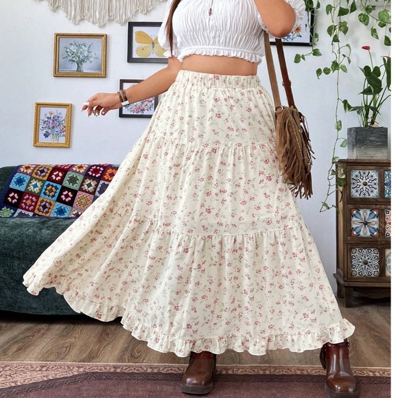 Boho Floral Print Stretchy High Waisted Ruffle Hem Maxi Skirt - Picture 7 of 10